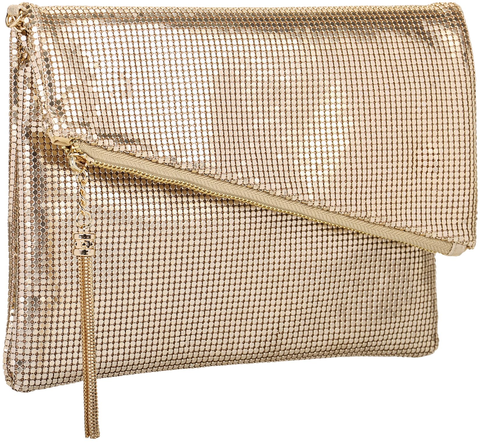 Venoline Large Metal Mesh Evening Clutch Bag Convertible Handbag Tassel Purse Gold