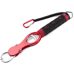 fish grip, aluminum, fishing rod, fishing tool, fish catching, weighing, ultra lightweight, rustproof, safety rope included, red