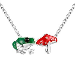 QYYGYLLR Women's Green Frog Red Mushroom Pendant Necklace, Gold/Silver Plated Cute Frog Mushroom Aesthetics Jewelry for Birthday/Christmas Gifts,Chain Length 16inch with extension chain 2inch.