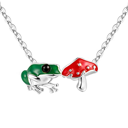 QYYGYLLR Women's Green Frog Red Mushroom Pendant Necklace, Gold/Silver Plated Cute Frog Mushroom Aesthetics Jewelry for Birthday/Christmas Gifts,Chain Length 16inch with extension chain 2inch.