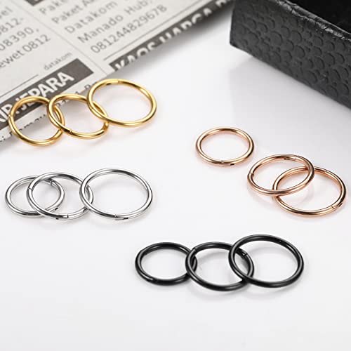 Funtopia 12 Pcs Hoop Nose Rings, 18g 316L Surgical Steel Hinged Nose Rings Hoop for Women Men, Septum Rings Cartilage Lip Rings Body Piercing Jewelry, Silver, Gold, Black, Rose Gold (7mm 8mm 9mm)