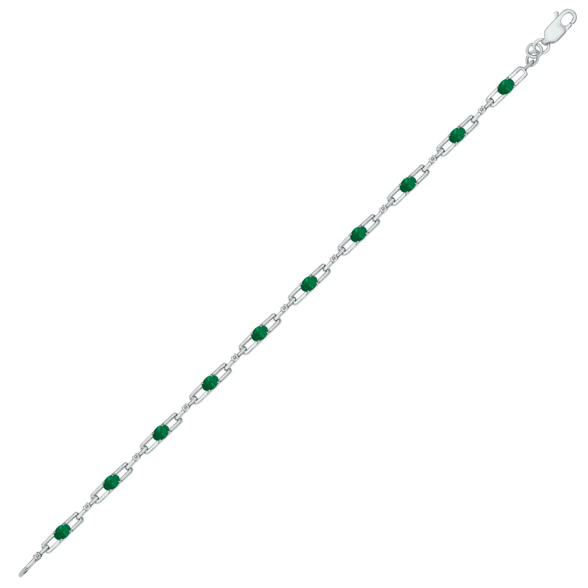 Emerald and Natural Diamond Double Bar Link Bracelet in .925 Sterling Silver