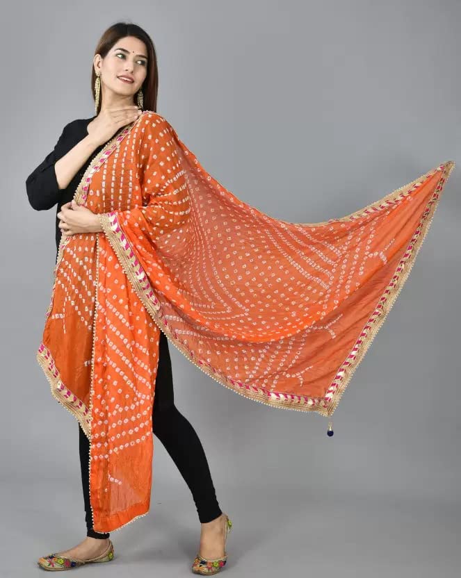 SAHIBA Handicraft India Women's Tafeta Silk Dupatta Bandhani Bandhej Jaipuri Rajasthani Dupatta (Orange), 2.25 Meters ( 88 x 42 Inches)