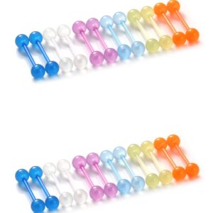 Oufksiyy 14G 16mm Glow in Dark Flexible Acrylic Straight Tongue Rings Plastic Nipple Ring Retainer Body Piercing Jewelry for Women Men 24PCS(12Pairs 14 gauge Piercings