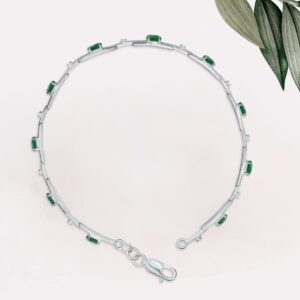 Emerald and Natural Diamond Double Bar Link Bracelet in .925 Sterling Silver