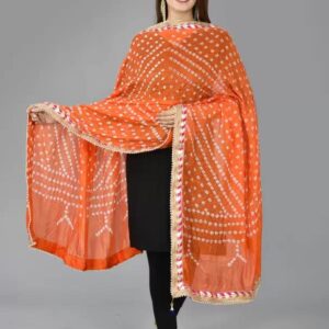 SAHIBA Handicraft India Women's Tafeta Silk Dupatta Bandhani Bandhej Jaipuri Rajasthani Dupatta (Orange), 2.25 Meters ( 88 x 42 Inches)