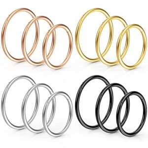 Funtopia 12 Pcs Hoop Nose Rings, 18g 316L Surgical Steel Hinged Nose Rings Hoop for Women Men, Septum Rings Cartilage Lip Rings Body Piercing Jewelry, Silver, Gold, Black, Rose Gold (7mm 8mm 9mm)