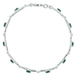 Emerald and Natural Diamond Double Bar Link Bracelet in .925 Sterling Silver