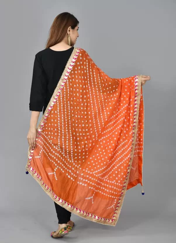 SAHIBA Handicraft India Women's Tafeta Silk Dupatta Bandhani Bandhej Jaipuri Rajasthani Dupatta (Orange), 2.25 Meters ( 88 x 42 Inches)