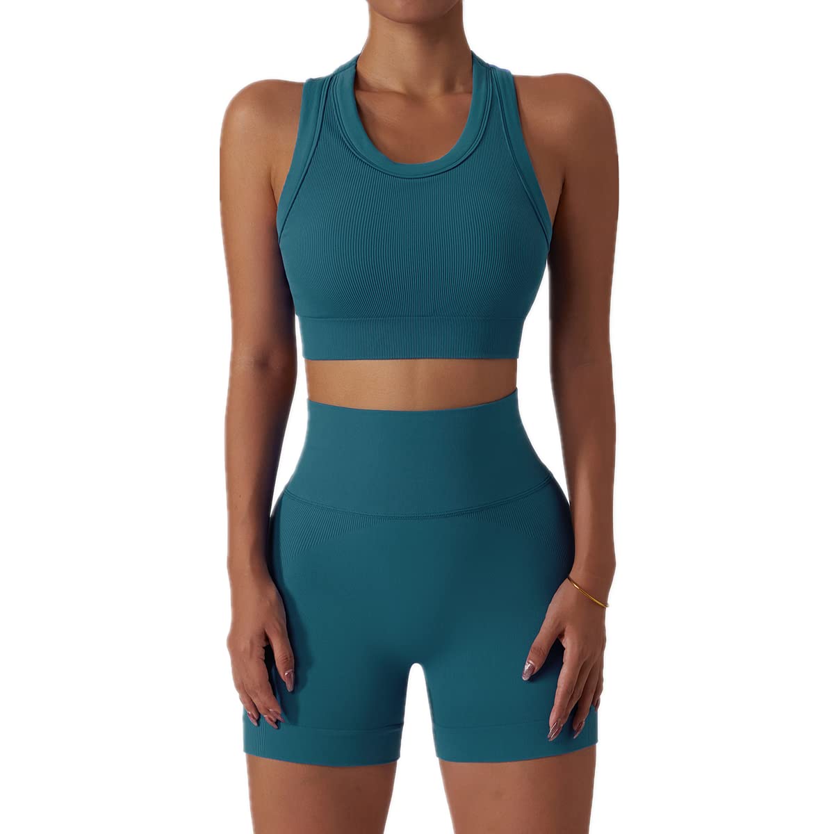 ABOCIW Women 2 Piece Seamless Gym Workout Sets Ribbed High Waist Biker Shorts with Racerback Sports Bra Yoga Crop Tank Top Yoga Exercise Outfit Teal Large