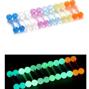 Oufksiyy 14G 16mm Glow in Dark Flexible Acrylic Straight Tongue Rings Plastic Nipple Ring Retainer Body Piercing Jewelry for Women Men 24PCS(12Pairs 14 gauge Piercings