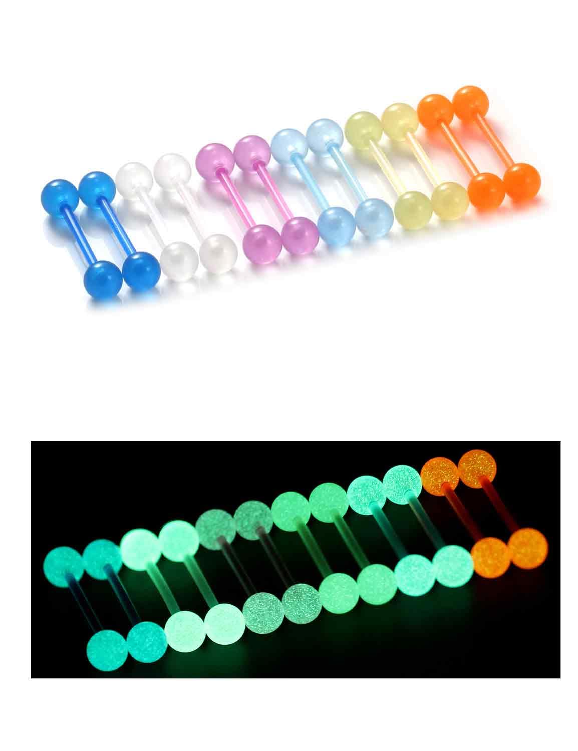 Oufksiyy 14G 16mm Glow in Dark Flexible Acrylic Straight Tongue Rings Plastic Nipple Ring Retainer Body Piercing Jewelry for Women Men 24PCS(12Pairs 14 gauge Piercings