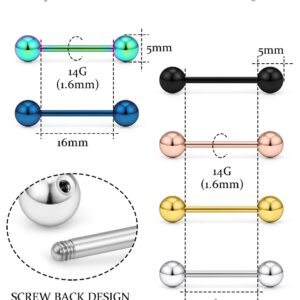 Oufksiyy 24pc 14G 16G Mixed color surgical Stainless Steel Straight Barbell Tongue Rings Bars Piercing 5/8" Length 16mm 9/16 inch 14mm 1/2inch 12mm Nipple RIngs Tongue Piercing Jewelry For Women Men