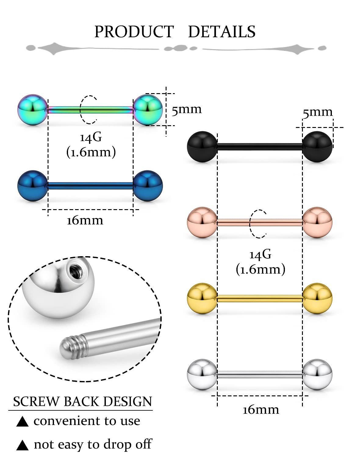 Oufksiyy 24pc 14G 16G Mixed color surgical Stainless Steel Straight Barbell Tongue Rings Bars Piercing 5/8" Length 16mm 9/16 inch 14mm 1/2inch 12mm Nipple RIngs Tongue Piercing Jewelry For Women Men