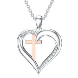 ctieip 1/10 cttw natural diamond heart cross pendant necklace for women 925 sterling silver diamond heart jewelry gift for her