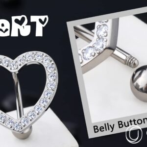 OUFER Titanium Belly Button Rings, Heart Shaped Reverse Belly Ring, Paved CZ Crystal Top-Down Belly Button Piercing, 14G Navel Rings for Women Men…