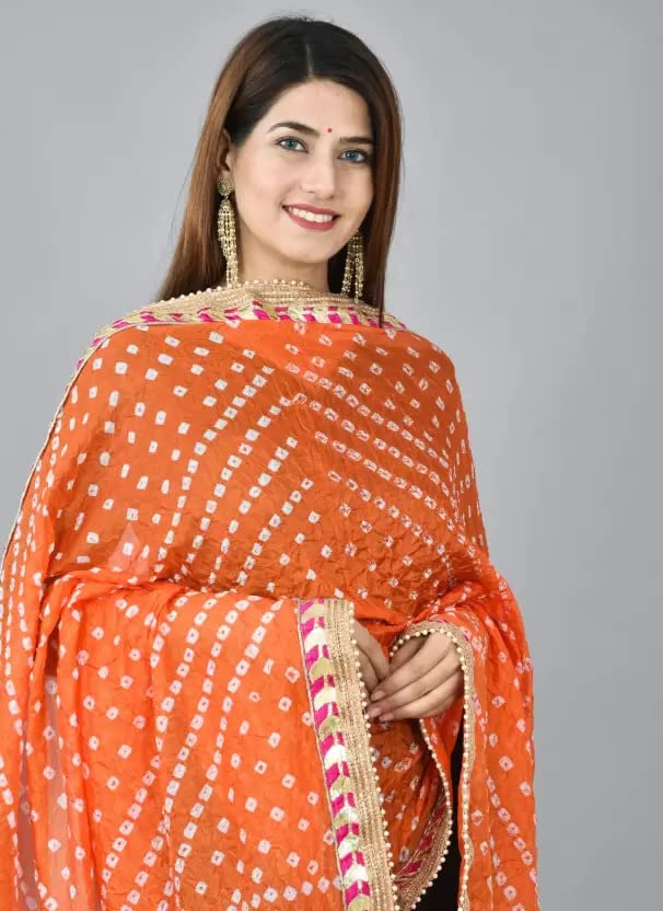 SAHIBA Handicraft India Women's Tafeta Silk Dupatta Bandhani Bandhej Jaipuri Rajasthani Dupatta (Orange), 2.25 Meters ( 88 x 42 Inches)