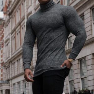 TURETRENDY Men's Stretch Muscle Tshirts Turtleneck Long Sleeve Knit Tees Casual Slim Fit Basic Shirt Tops Dark Gray M