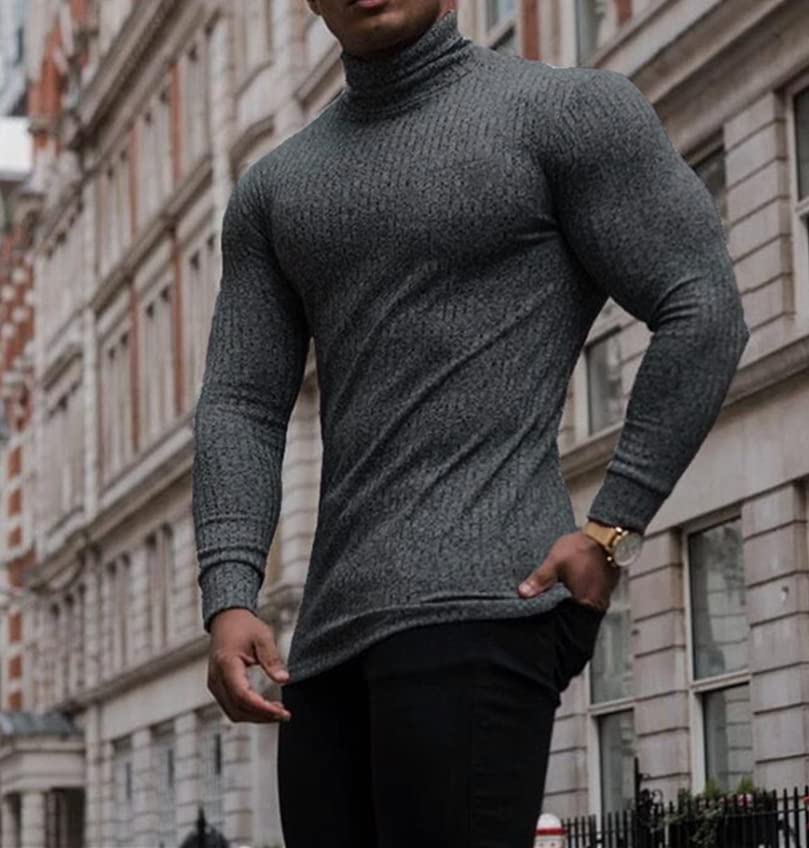 TURETRENDY Men's Stretch Muscle Tshirts Turtleneck Long Sleeve Knit Tees Casual Slim Fit Basic Shirt Tops Dark Gray M