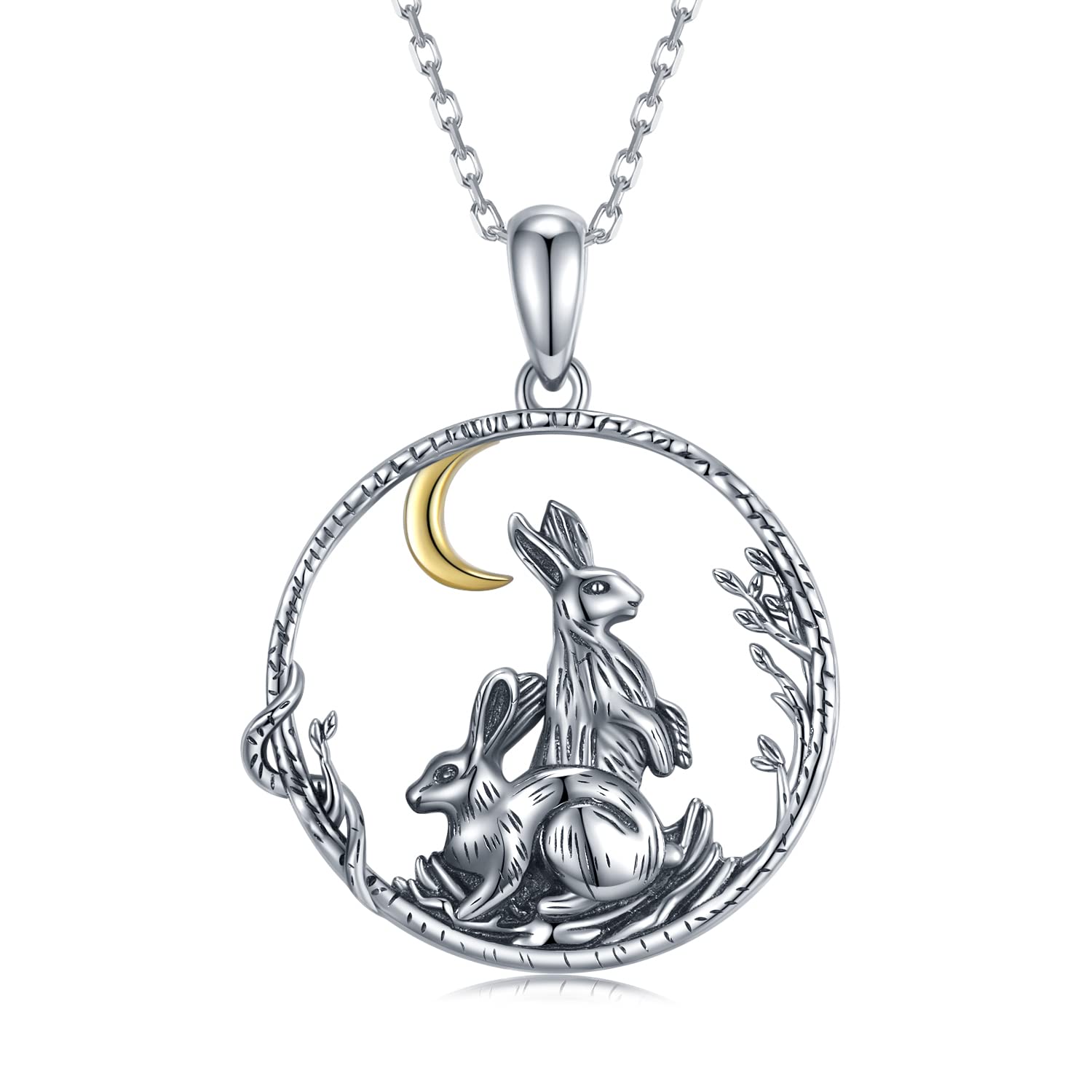 SVODEA Double Rabbit Necklace for Women 925 Sterling Silver Hares Moon Pendant Necklaces Vintage Bunny Animal Jewelry Gift for Women Mom Wife(Style-2)