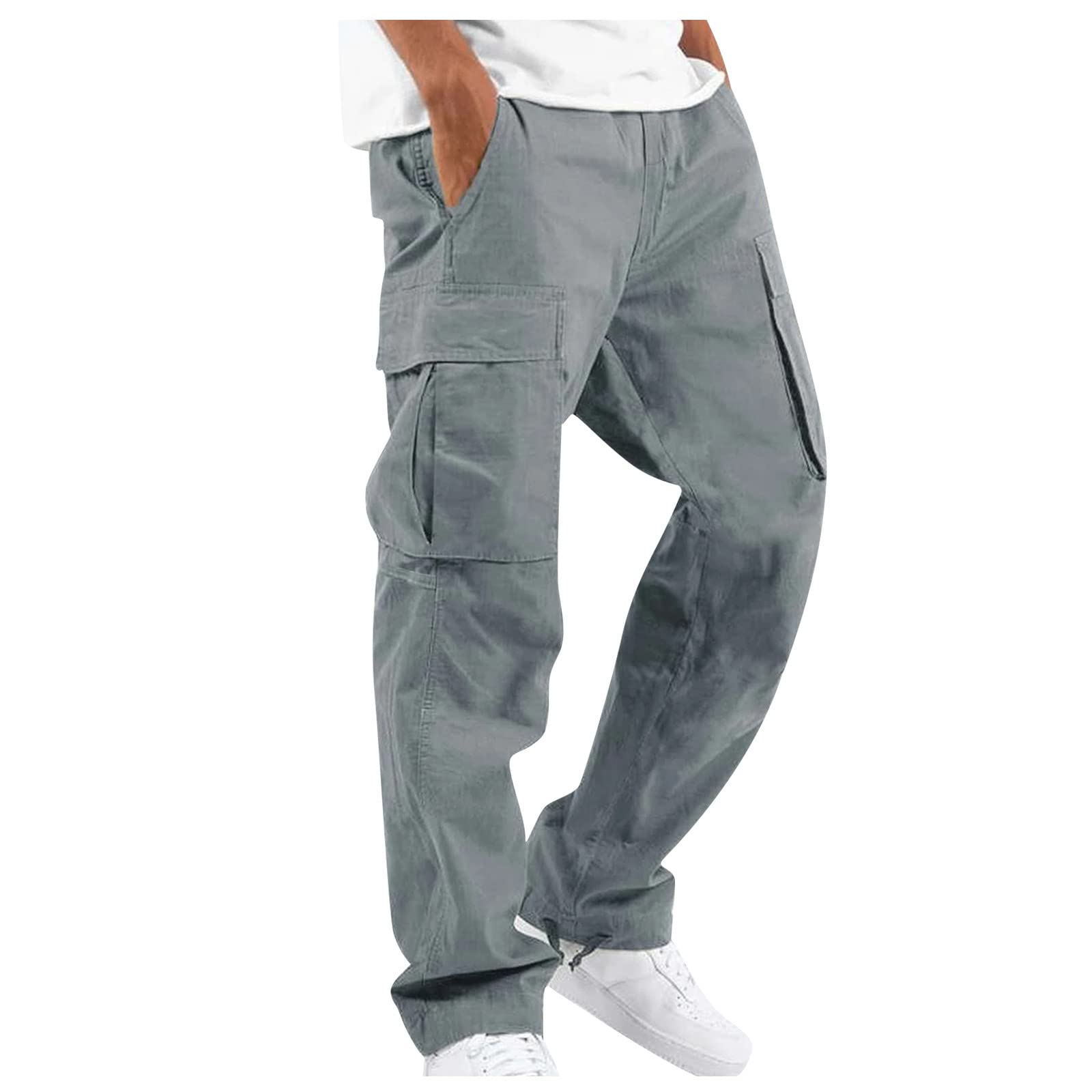 WENKOMG1 Mens Cotton Cargo Pants,Solid Elastic Waist Straight Leg Slacks Drawstring Trousers Slim Fit Bottoms for Men,Sweatpants Work Pants Compression Pants Hiking Pants for Men(Gray,Medium)