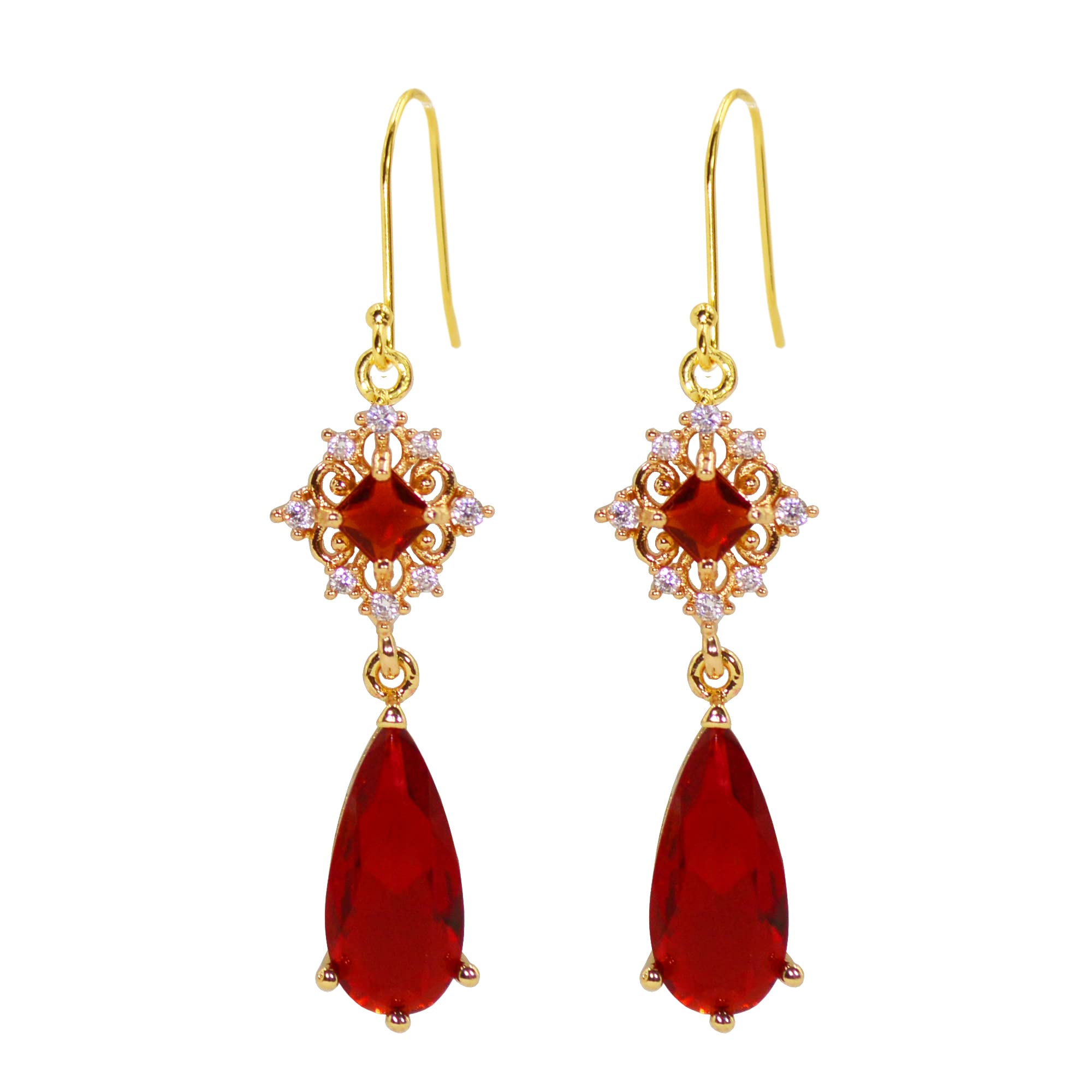 MOMOCAT 18K Gold Plated Artificial Ruby Red Teardrop Earrings for Women Dangle Vintage Jewelry Statement Chandelier Dangling Christmas Art Deco Crystal Unique Antique Hook Warrings for Women