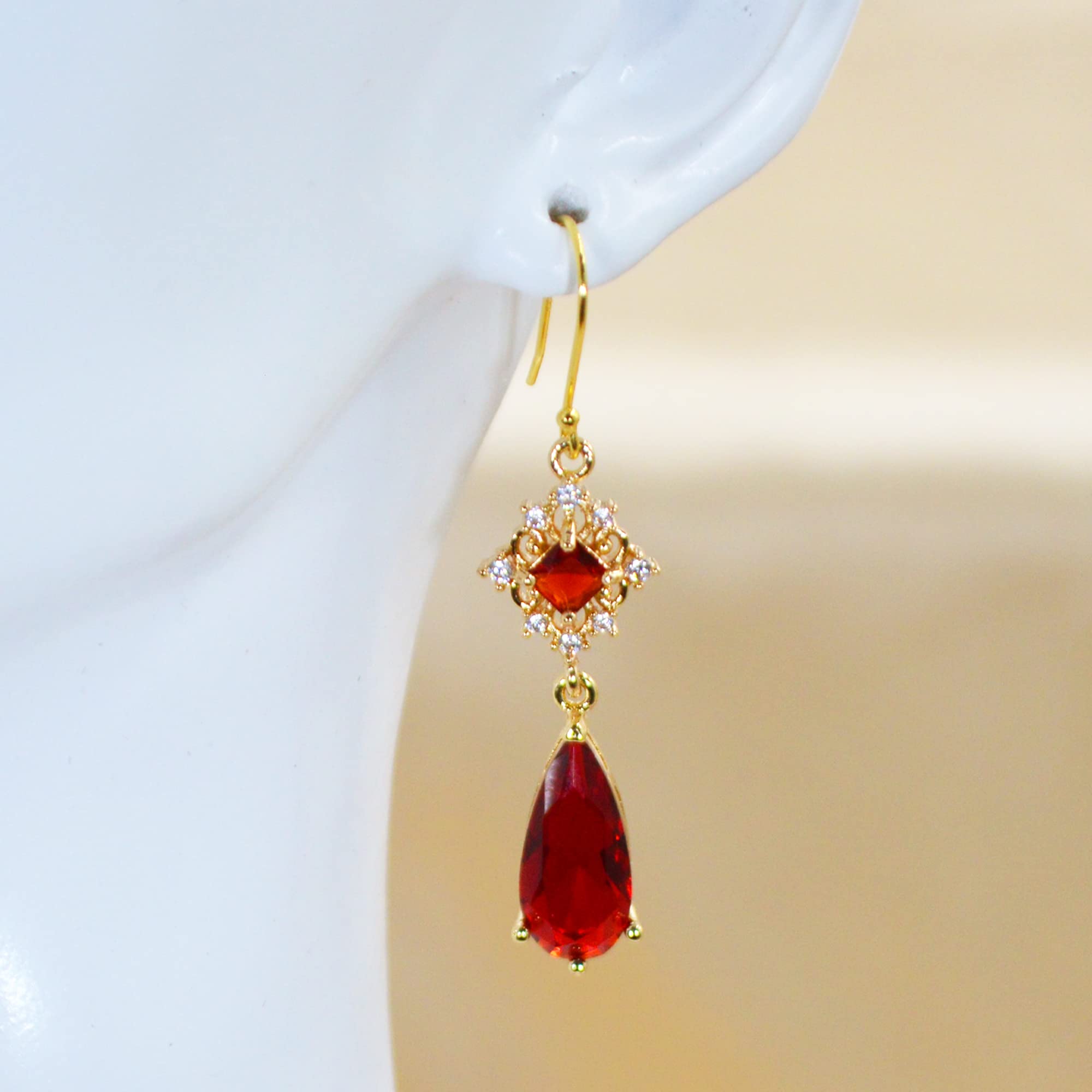 MOMOCAT 18K Gold Plated Artificial Ruby Red Teardrop Earrings for Women Dangle Vintage Jewelry Statement Chandelier Dangling Christmas Art Deco Crystal Unique Antique Hook Warrings for Women