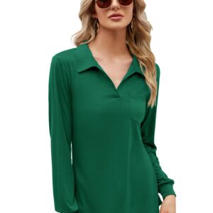 Women's Long Sleeve Polo Shirts V Neck Collared Work Tops Business Casual Tunic Blouse Pocket Green M