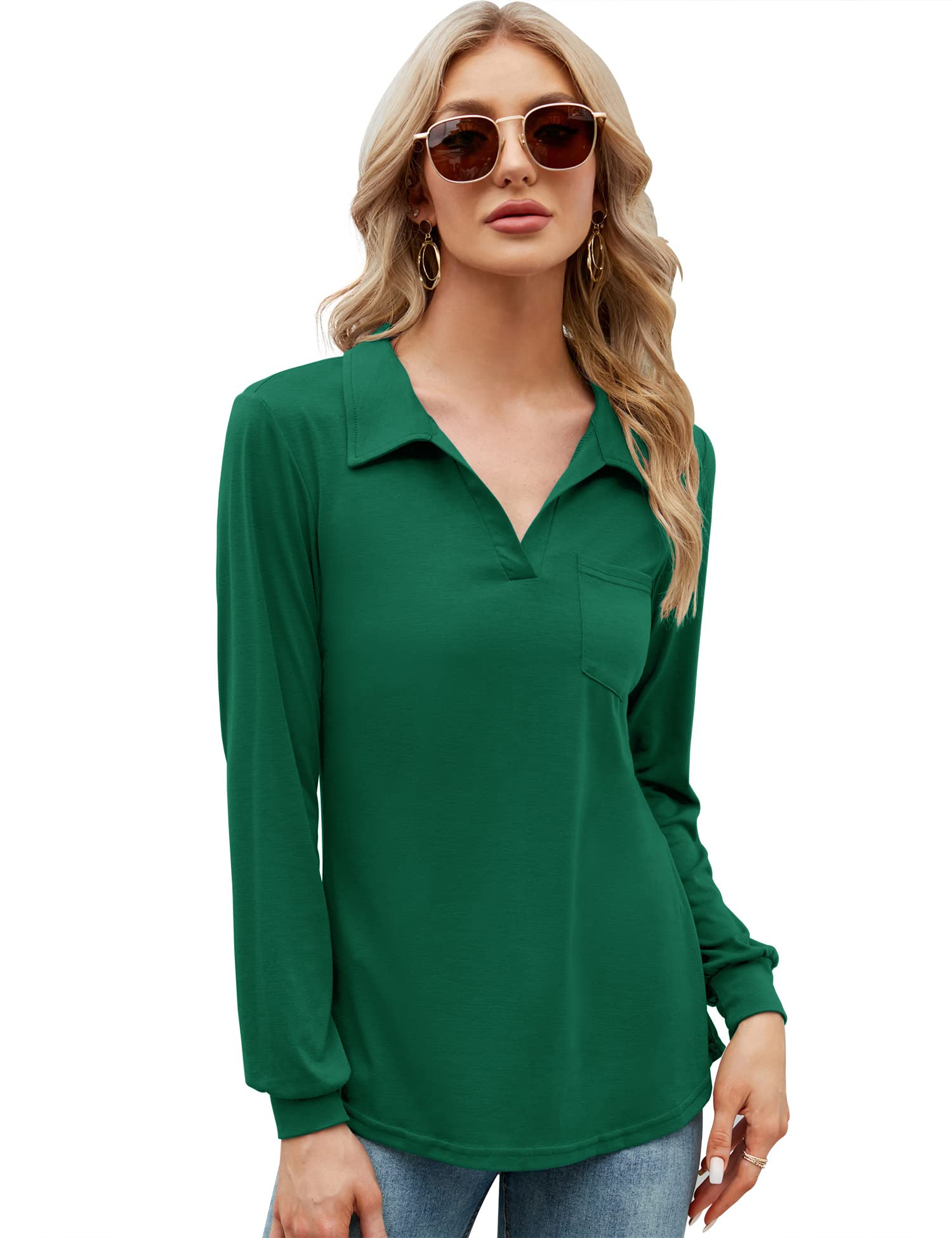 Women's Long Sleeve Polo Shirts V Neck Collared Work Tops Business Casual Tunic Blouse Pocket Green M