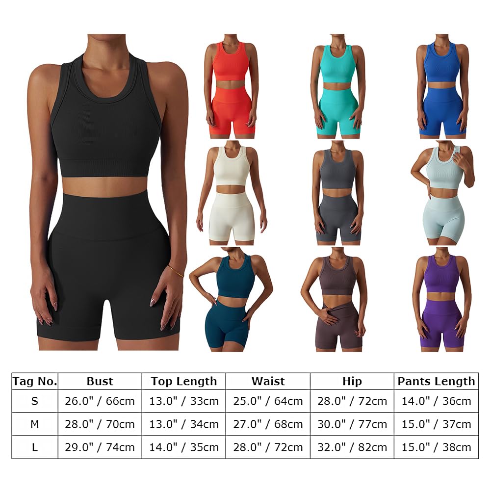 ABOCIW Workout Outfits for Women 2 Piece Seamless Ribbed Yoga Crop Tank Top Racerback Sports Bra Booty High Waist Biker Shorts Gym Exercise Summer Casual Set Gray Small