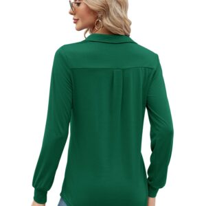 Women's Long Sleeve Polo Shirts V Neck Collared Work Tops Business Casual Tunic Blouse Pocket Green M