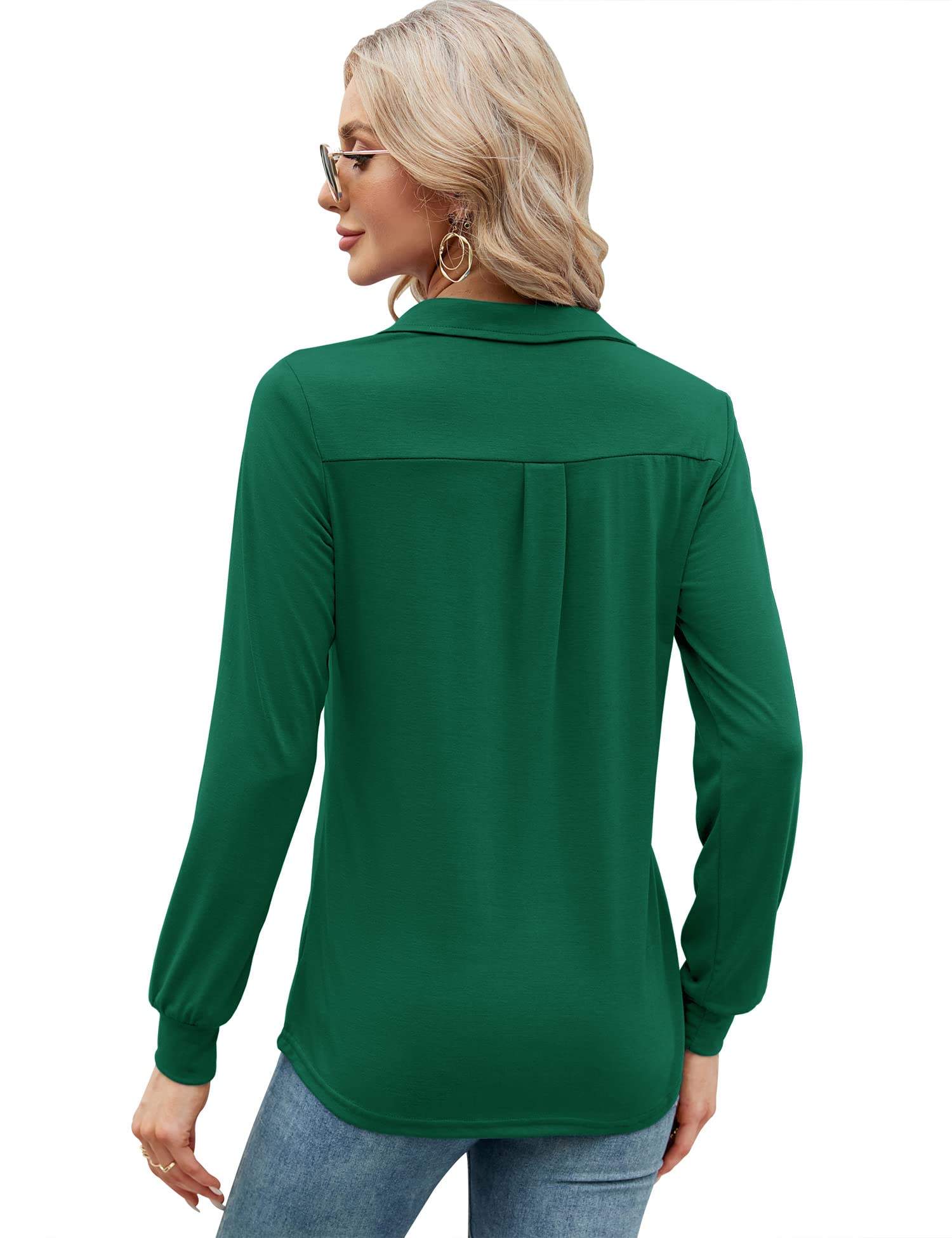 Women's Long Sleeve Polo Shirts V Neck Collared Work Tops Business Casual Tunic Blouse Pocket Green M