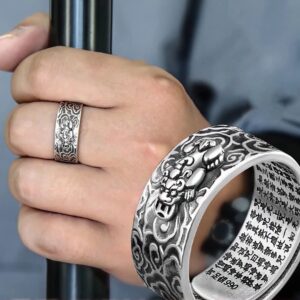 Renning Feng Shui Rings for Men Women Wealth Lucky Amulet Ring Open Adjustable Ring Sterling Silver Ring (Pixiu)