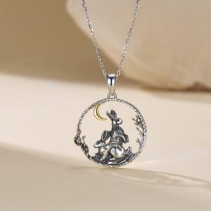 SVODEA Double Rabbit Necklace for Women 925 Sterling Silver Hares Moon Pendant Necklaces Vintage Bunny Animal Jewelry Gift for Women Mom Wife(Style-2)