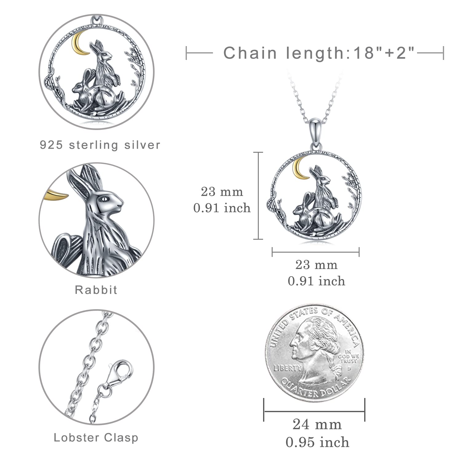 SVODEA Double Rabbit Necklace for Women 925 Sterling Silver Hares Moon Pendant Necklaces Vintage Bunny Animal Jewelry Gift for Women Mom Wife(Style-2)