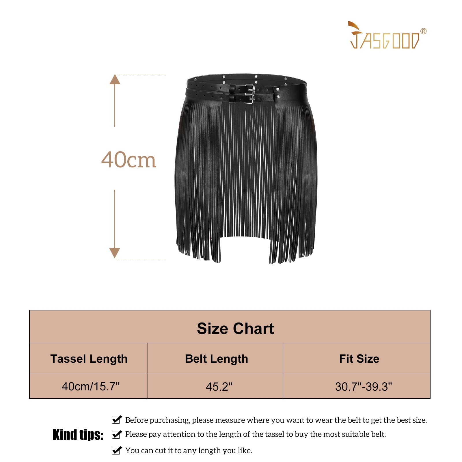 JASGOOD Wide Tassel Waist Belt for Women Fringe Black PU Leather Gypsy Style Belt for Ladies Punk Outfit (Fit Size 30.7”-39.3”, Tassel length 40cm)