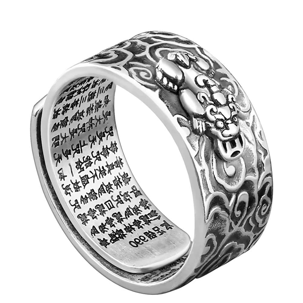 Renning Feng Shui Rings for Men Women Wealth Lucky Amulet Ring Open Adjustable Ring Sterling Silver Ring (Pixiu)