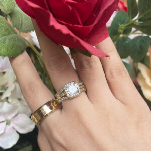 YOYEEWYNS Couples Rings His Hers Women's Halo CZ Engagement 18K Gold Filled Bridal Ring Sets & Men's Titanium Wedding Band 8&7