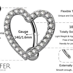 OUFER Titanium Belly Button Rings, Heart Shaped Reverse Belly Ring, Paved CZ Crystal Top-Down Belly Button Piercing, 14G Navel Rings for Women Men…