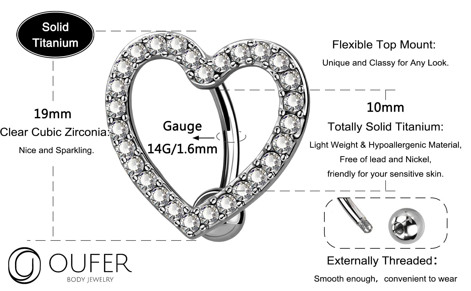 OUFER Titanium Belly Button Rings, Heart Shaped Reverse Belly Ring, Paved CZ Crystal Top-Down Belly Button Piercing, 14G Navel Rings for Women Men…