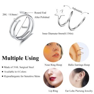 ZELORES 20Pcs 20G Double Hoop Nose Ring L Shaped Nose Studs 316L Stainless Steel Piercing Jewelry Small Nose Studs Spiral Nose Rings for Women Men Silver Rose Gold Balck (Set1)