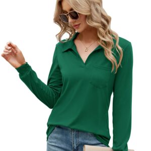 Women's Long Sleeve Polo Shirts V Neck Collared Work Tops Business Casual Tunic Blouse Pocket Green M