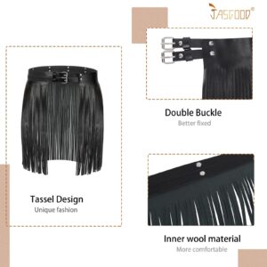 JASGOOD Wide Tassel Waist Belt for Women Fringe Black PU Leather Gypsy Style Belt for Ladies Punk Outfit (Fit Size 30.7”-39.3”, Tassel length 40cm)