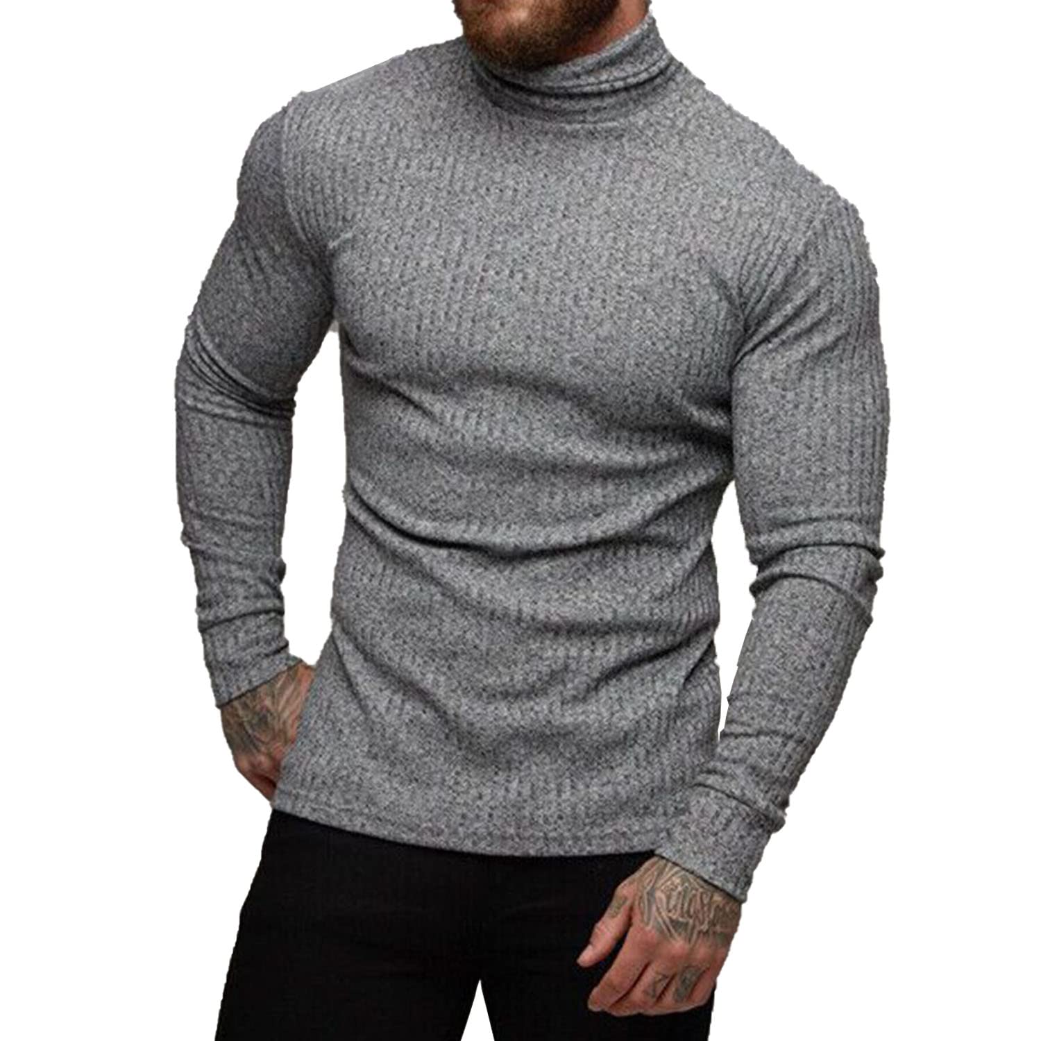 TURETRENDY Men's Stretch Muscle Tshirts Turtleneck Long Sleeve Knit Tees Casual Slim Fit Basic Shirt Tops Gray S