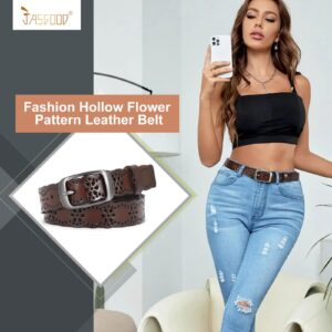 JASGOOD Women Hollow Flower Leather Belt for Jeans Pants Soft Leather Belt with Solid Pin Buckle(Coffee, Fit Waist Size 29-33 Inches)