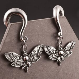 DOEARKO 2 PCS Butterfly Ear Dangle Plugs 316 Stainless Steel Ear Hangers Ear Gauges Piercing Plug Pair Selling 2g 0g Body Jewelry (10mm(00G), Butterfly Silver)