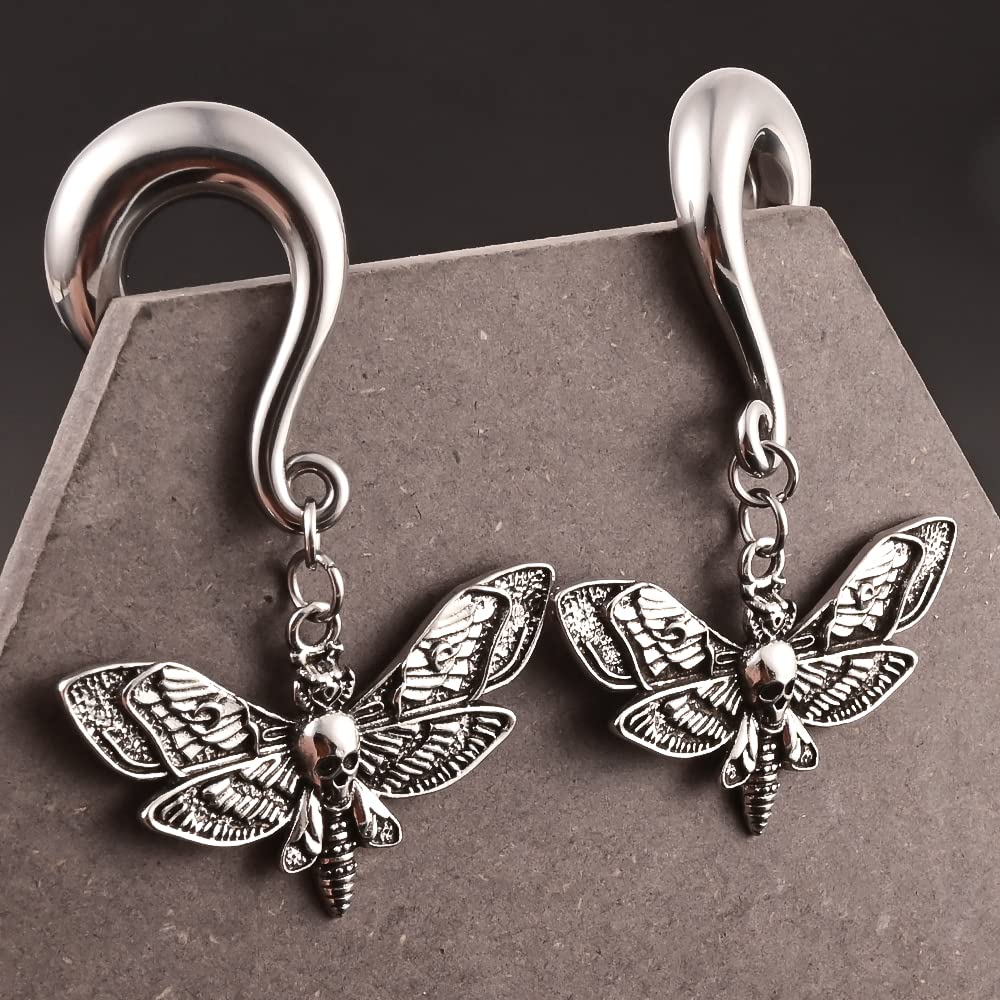 DOEARKO 2 PCS Butterfly Ear Dangle Plugs 316 Stainless Steel Ear Hangers Ear Gauges Piercing Plug Pair Selling 2g 0g Body Jewelry (10mm(00G), Butterfly Silver)