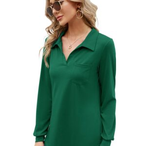 Women's Long Sleeve Polo Shirts V Neck Collared Work Tops Business Casual Tunic Blouse Pocket Green M