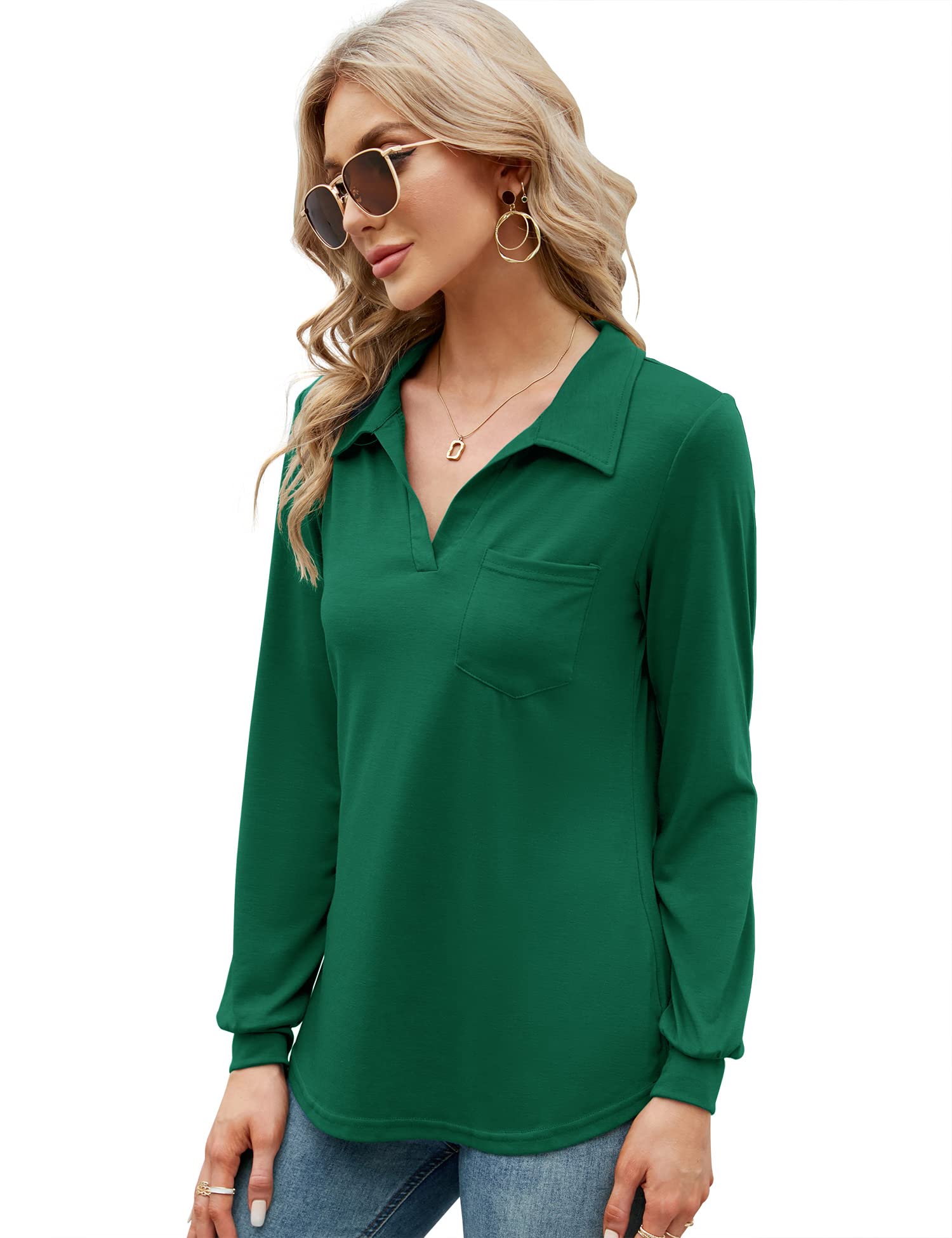 Women's Long Sleeve Polo Shirts V Neck Collared Work Tops Business Casual Tunic Blouse Pocket Green M