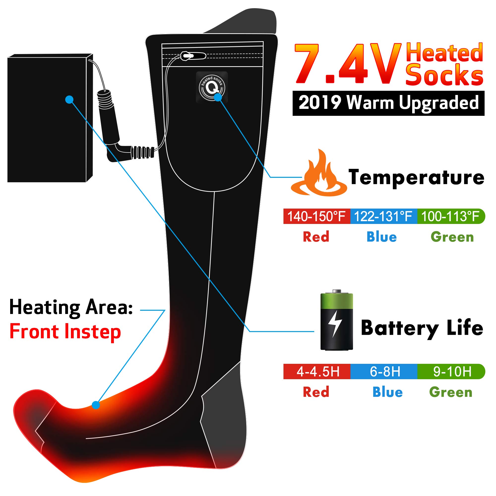 7.4V Heated Socks,Rechargeable Electric Heated Socks Camping Foot Warmer Winter Warm Socks for Men Women-Battery Heat Thick Cotton Thermal Hot Heat Sock for Outdoor Cycling Skiing Hiking,3Heat,Black L